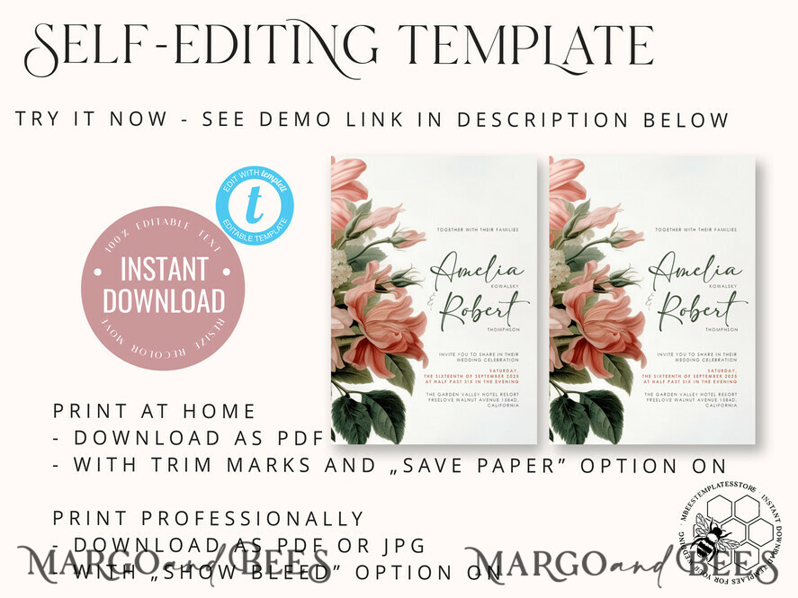 TEMPLETT wedding invitation download Botanical Vintage Flowers wedding Invitations Set Template, Instant Download Printable Invites Home Printing, Simple Wedding Cards