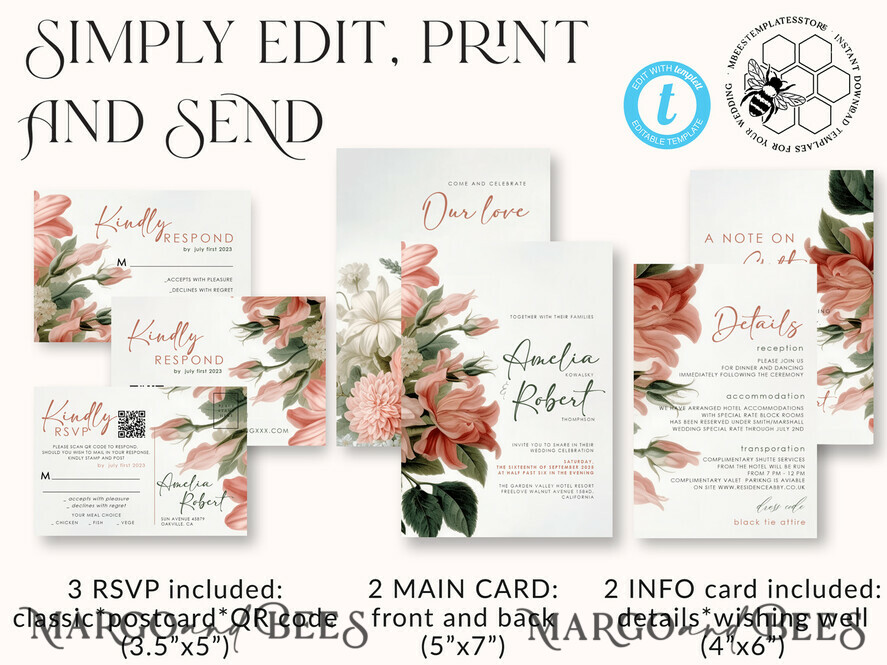 TEMPLETT wedding invitation download Botanical Vintage Flowers wedding Invitations Set Template, Instant Download Printable Invites Home Printing, Simple Wedding Cards