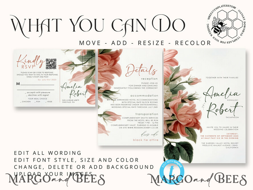 TEMPLETT wedding invitation download Botanical Vintage Flowers wedding Invitations Set Template, Instant Download Printable Invites Home Printing, Simple Wedding Cards