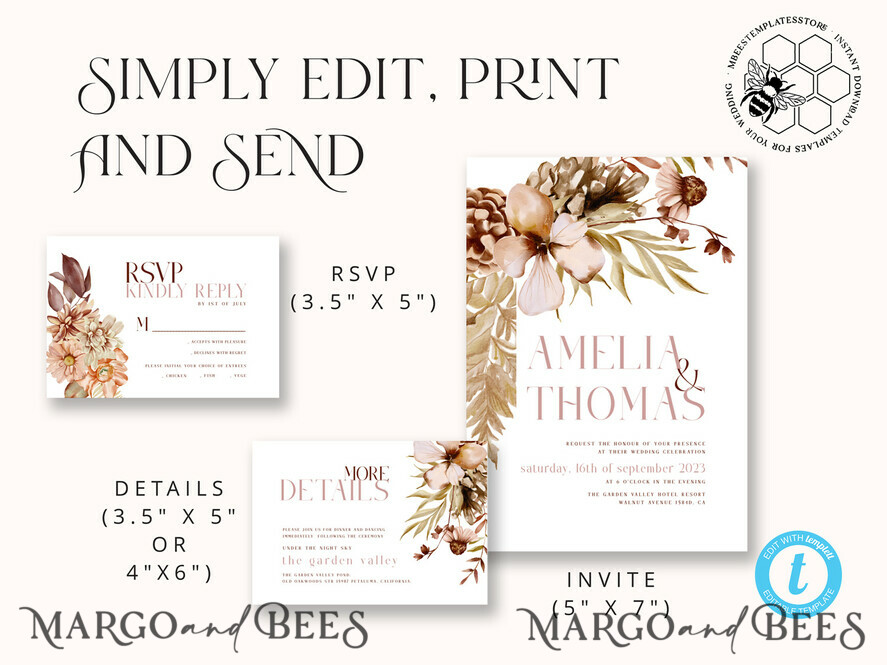 TEMPLETT wedding invitation download Rustic Ivory wedding Invitations Set Template, Instant Download Printable Invites Home Printing, Simple Boho Wedding Invitation Card Set Modern wedding Invitation Template, Instant Download Printable Invites Home Printing, Simple Boho Wedding Invitation Card Set