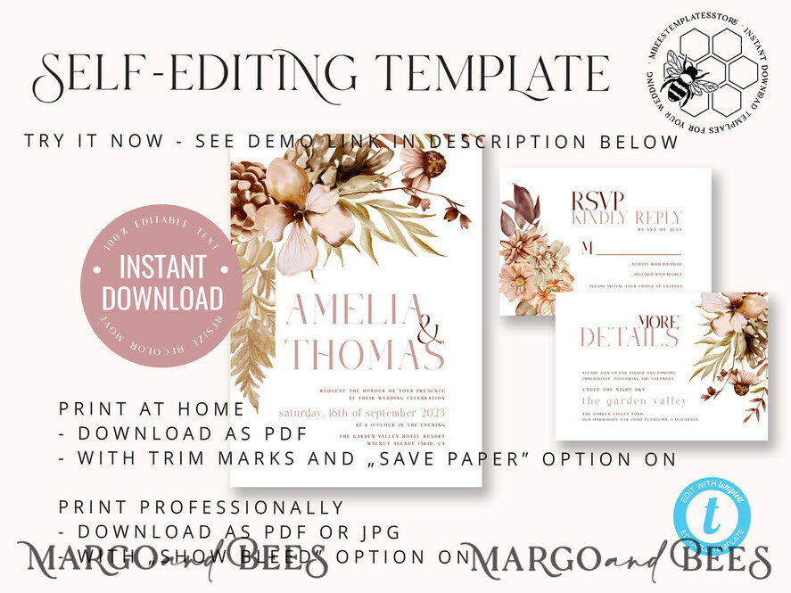 TEMPLETT wedding invitation download Rustic Ivory wedding Invitations Set Template, Instant Download Printable Invites Home Printing, Simple Boho Wedding Invitation Card Set Modern wedding Invitation Template, Instant Download Printable Invites Home Printing, Simple Boho Wedding Invitation Card Set