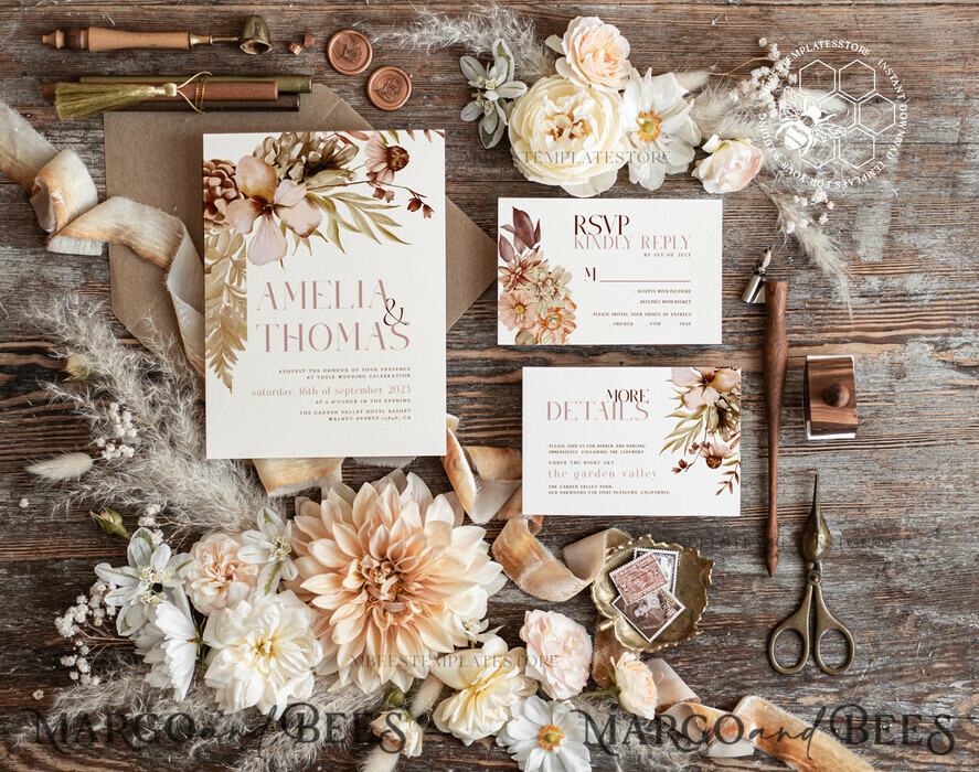 TEMPLETT wedding invitation download Rustic Ivory wedding Invitations Set Template, Instant Download Printable Invites Home Printing, Simple Boho Wedding Invitation Card Set Modern wedding Invitation Template, Instant Download Printable Invites Home Printing, Simple Boho Wedding Invitation Card Set