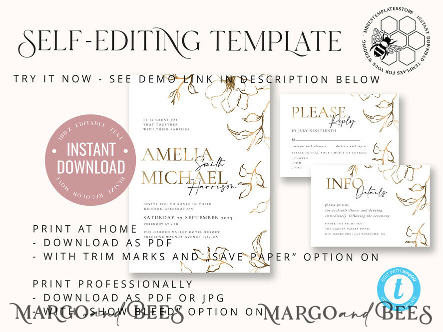 TEMPLETT wedding invitation download Fine art gold wedding invitation template, Instant download Boho Wedding Invites, Simple Gold Invitation Printable Template, Elegant Invites