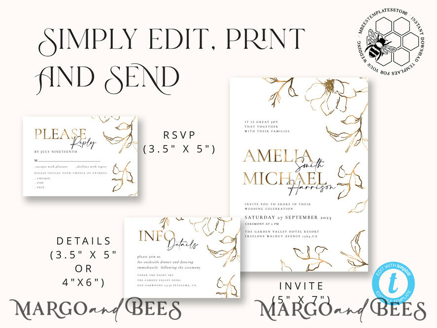 TEMPLETT wedding invitation download Fine art gold wedding invitation template, Instant download Boho Wedding Invites, Simple Gold Invitation Printable Template, Elegant Invites