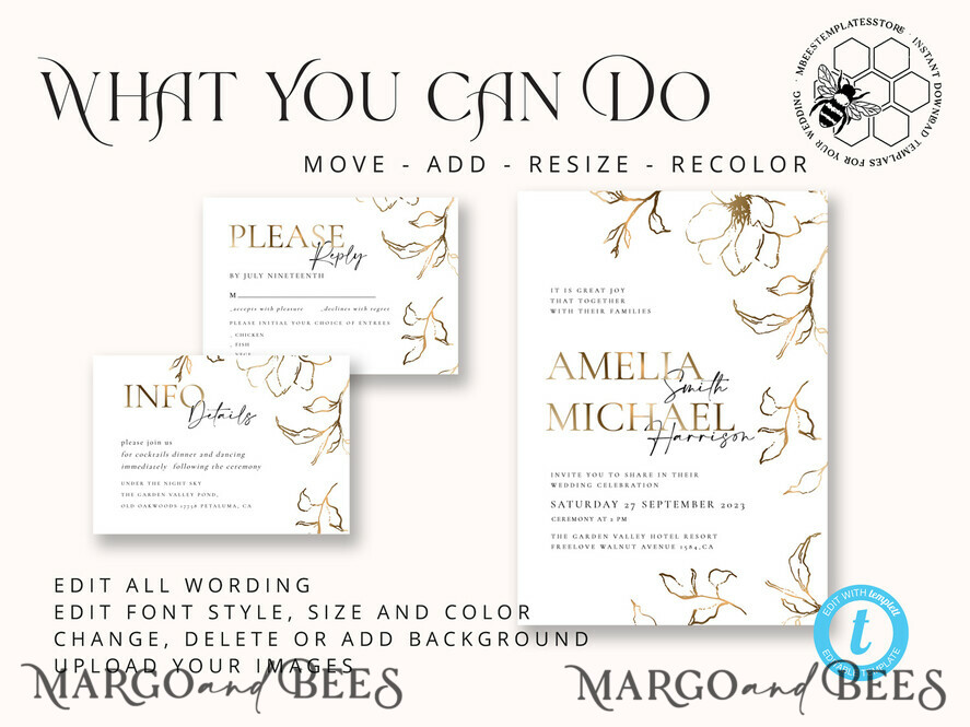 TEMPLETT wedding invitation download Fine art gold wedding invitation template, Instant download Boho Wedding Invites, Simple Gold Invitation Printable Template, Elegant Invites