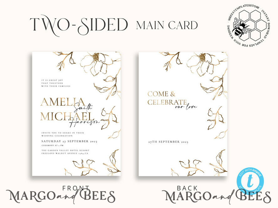 TEMPLETT wedding invitation download Fine art gold wedding invitation template, Instant download Boho Wedding Invites, Simple Gold Invitation Printable Template, Elegant Invites