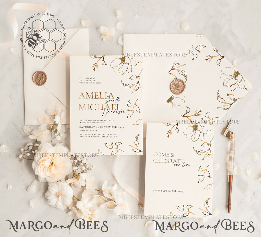 TEMPLETT wedding invitation download Fine art gold wedding invitation template, Instant download Boho Wedding Invites, Simple Gold Invitation Printable Template, Elegant Invites