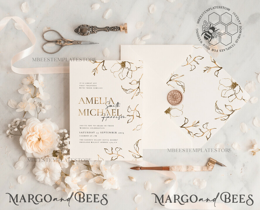TEMPLETT wedding invitation download Fine art gold wedding invitation template, Instant download Boho Wedding Invites, Simple Gold Invitation Printable Template, Elegant Invites