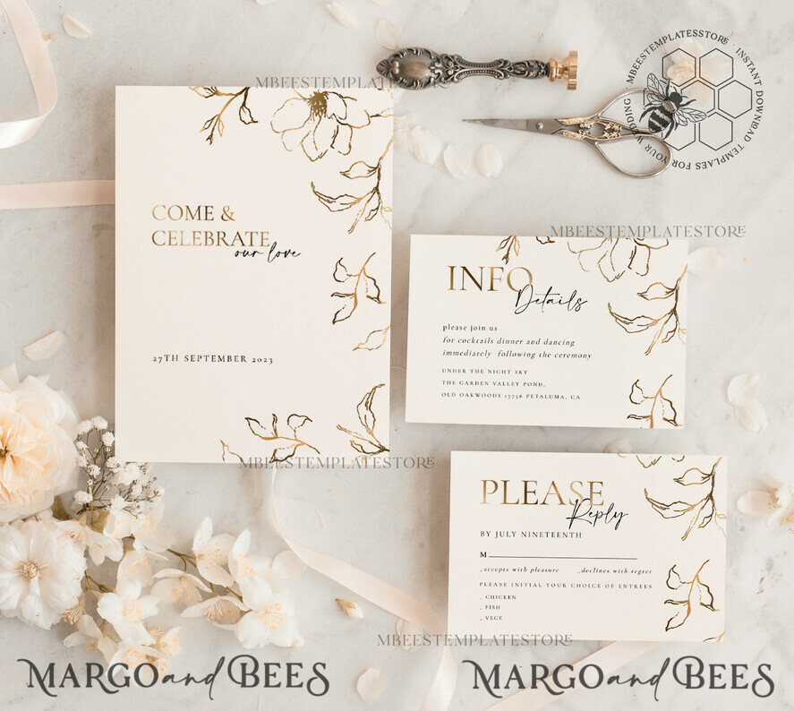 TEMPLETT wedding invitation download Fine art gold wedding invitation template, Instant download Boho Wedding Invites, Simple Gold Invitation Printable Template, Elegant Invites
