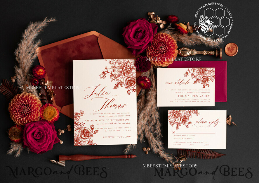 TEMPLETT wedding invitation download Boho fall wedding Invitations Set Template, Instant Download Printable Invites Home Printing, Terracotta Autumn Fine Art Invitation Card Set