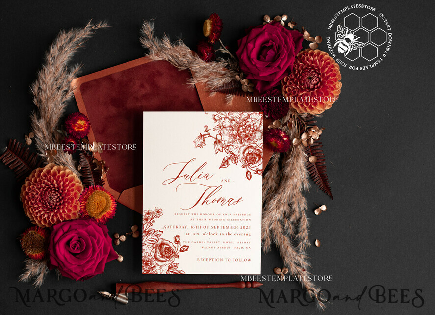 TEMPLETT wedding invitation download Boho fall wedding Invitations Set Template, Instant Download Printable Invites Home Printing, Terracotta Autumn Fine Art Invitation Card Set