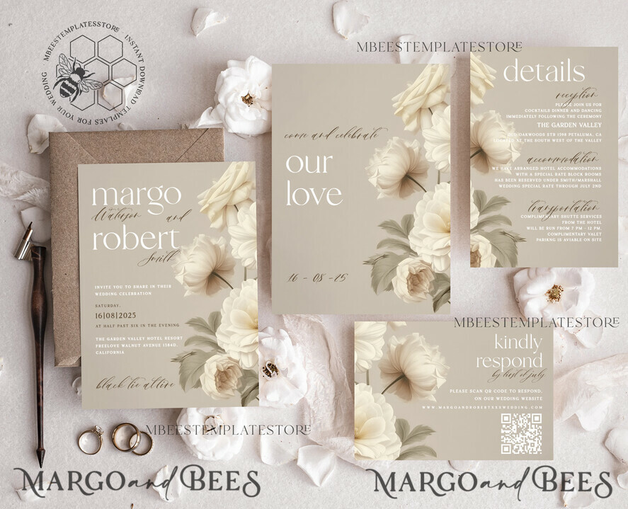 TEMPLETT wedding invitation download Romantic Vintage Flowers Painting Oil wedding Invitations Set Template, Instant Download Printable Invites Home Printing, Simple Cards