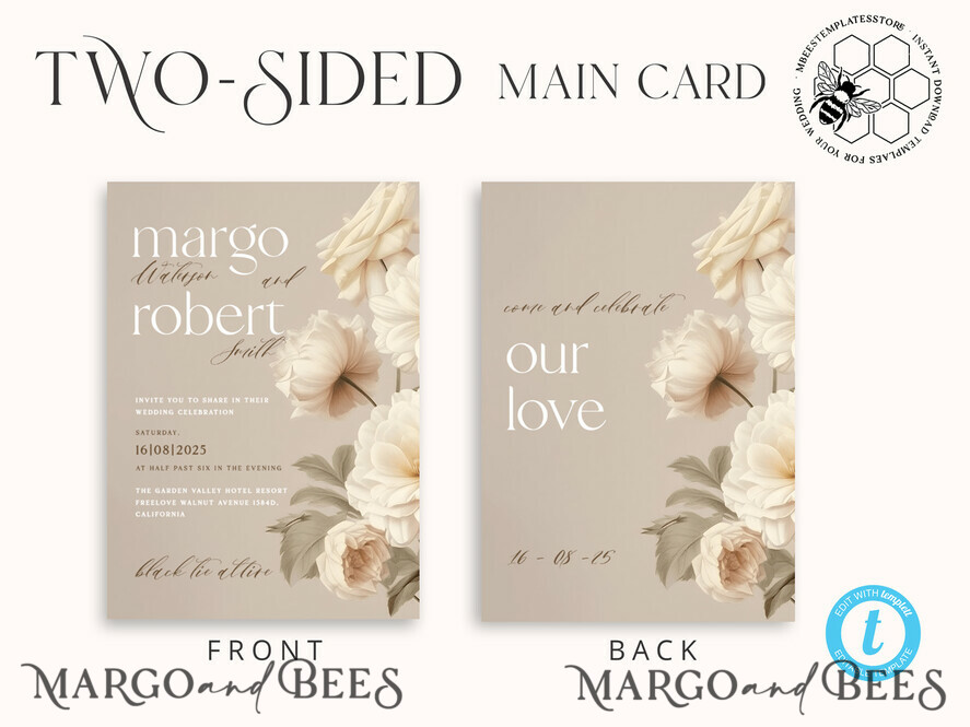 TEMPLETT wedding invitation download Romantic Vintage Flowers Painting Oil wedding Invitations Set Template, Instant Download Printable Invites Home Printing, Simple Cards