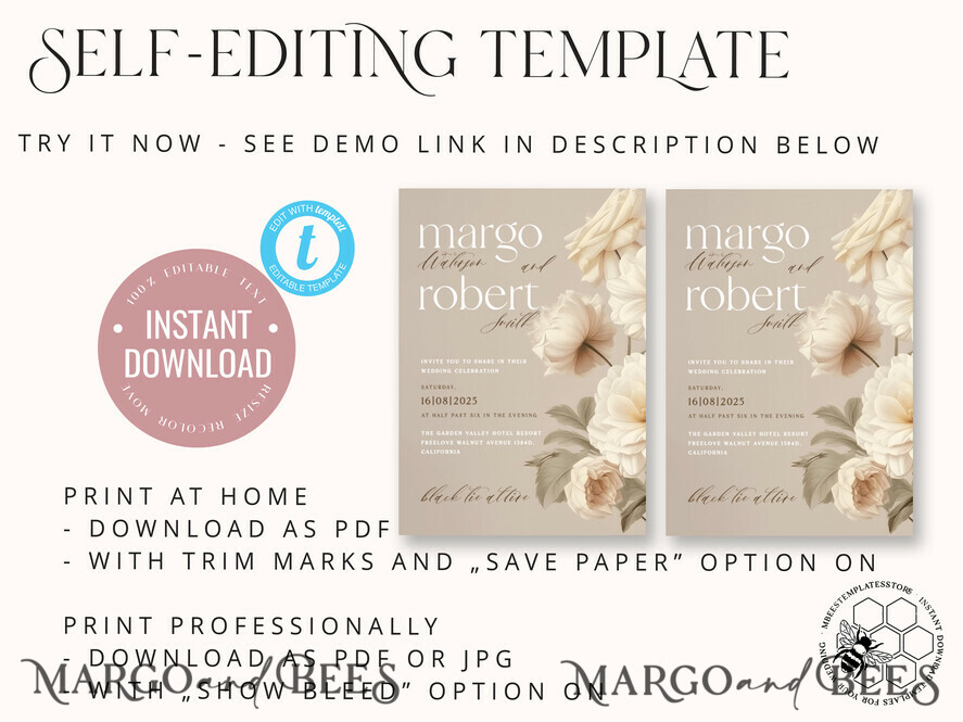 TEMPLETT wedding invitation download Romantic Vintage Flowers Painting Oil wedding Invitations Set Template, Instant Download Printable Invites Home Printing, Simple Cards