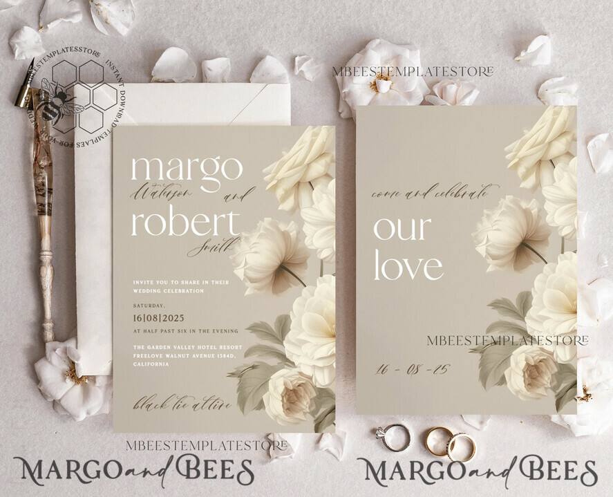 TEMPLETT wedding invitation download Romantic Vintage Flowers Painting Oil wedding Invitations Set Template, Instant Download Printable Invites Home Printing, Simple Cards