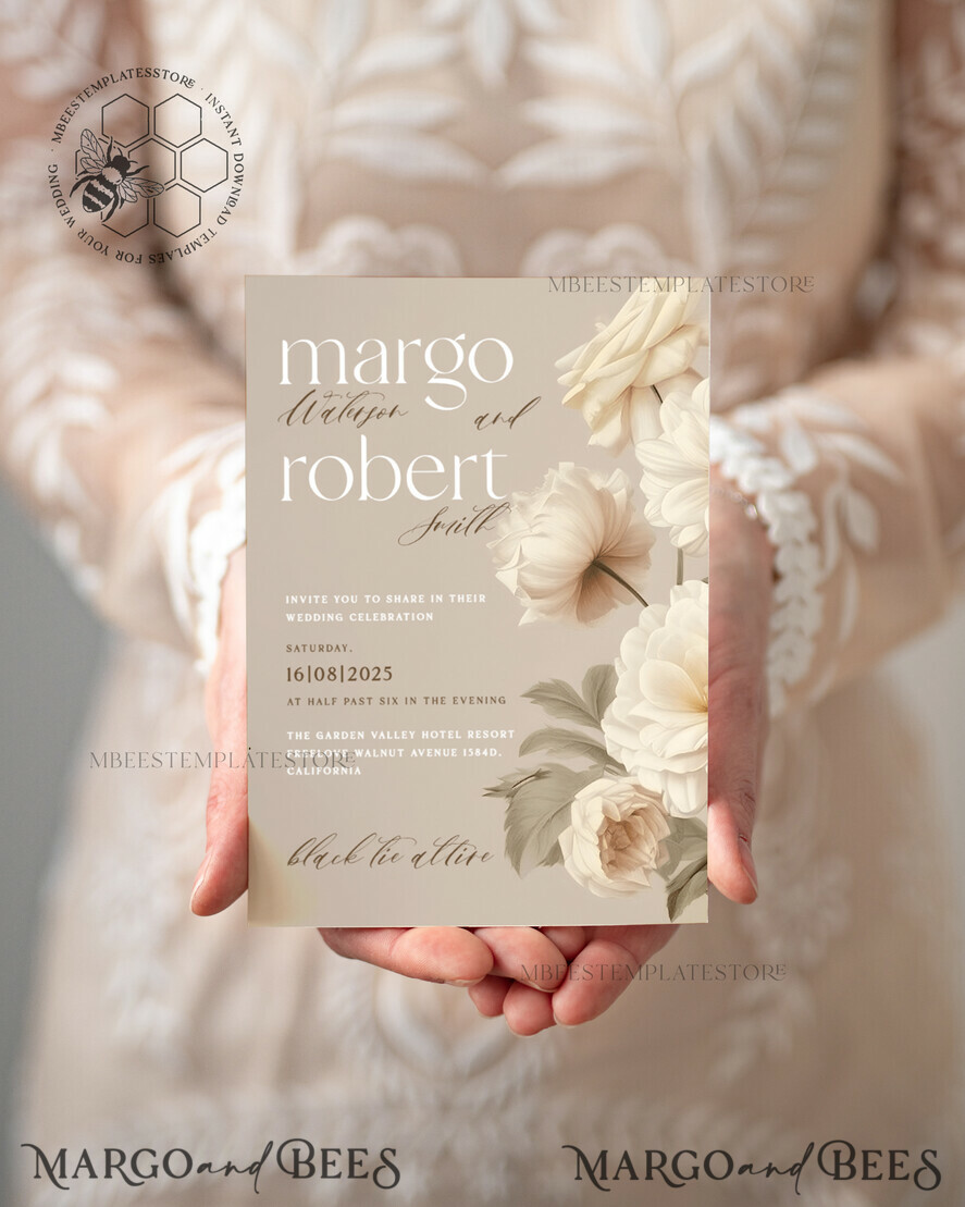 TEMPLETT wedding invitation download Romantic Vintage Flowers Painting Oil wedding Invitations Set Template, Instant Download Printable Invites Home Printing, Simple Cards