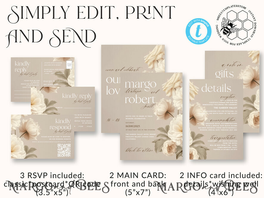 TEMPLETT wedding invitation download Romantic Vintage Flowers Painting Oil wedding Invitations Set Template, Instant Download Printable Invites Home Printing, Simple Cards
