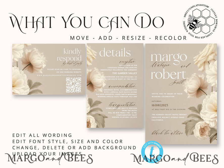 TEMPLETT wedding invitation download Romantic Vintage Flowers Painting Oil wedding Invitations Set Template, Instant Download Printable Invites Home Printing, Simple Cards