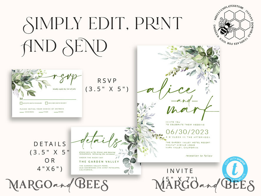 TEMPLETT wedding invitation download Sage Green wedding invitation template, Instant download Greenery Wedding Invites, Eucalyptus Garden Wedding Invitation Printable