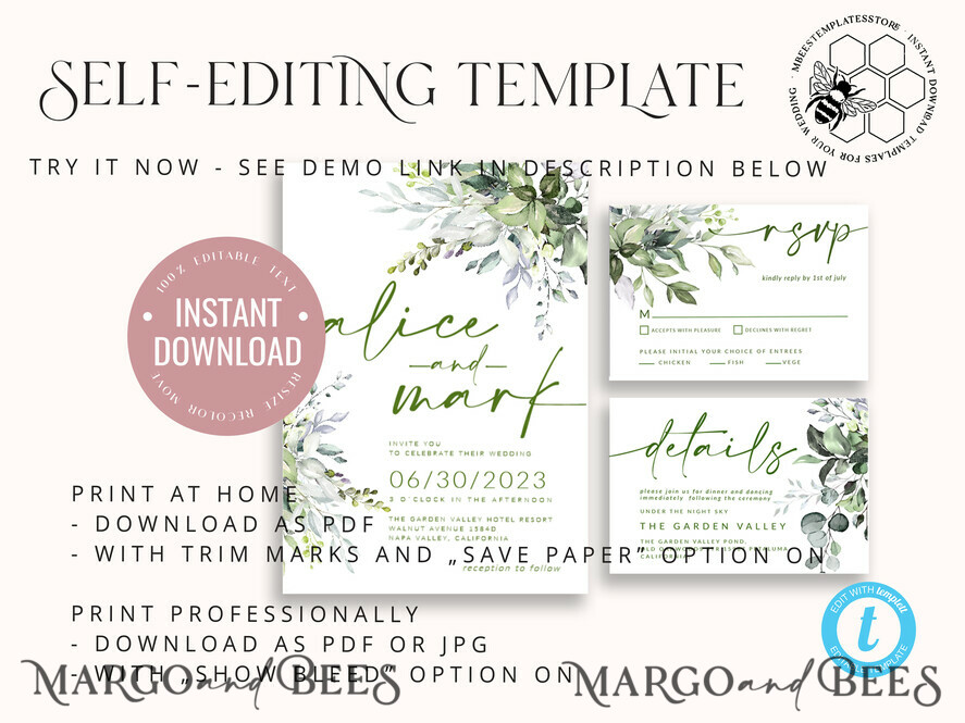 TEMPLETT wedding invitation download Sage Green wedding invitation template, Instant download Greenery Wedding Invites, Eucalyptus Garden Wedding Invitation Printable