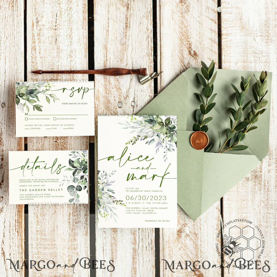 TEMPLETT wedding invitation download Sage Green wedding invitation template, Instant download Greenery Wedding Invites, Eucalyptus Garden Wedding Invitation Printable