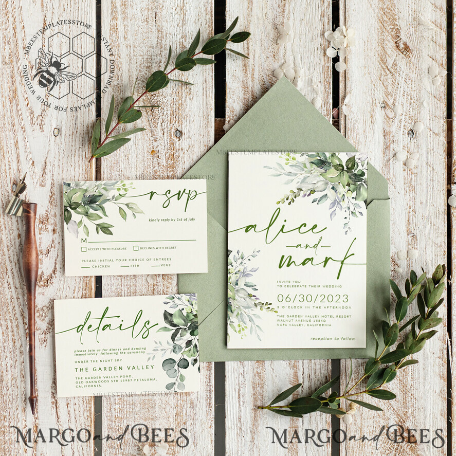 TEMPLETT wedding invitation download Sage Green wedding invitation template, Instant download Greenery Wedding Invites, Eucalyptus Garden Wedding Invitation Printable