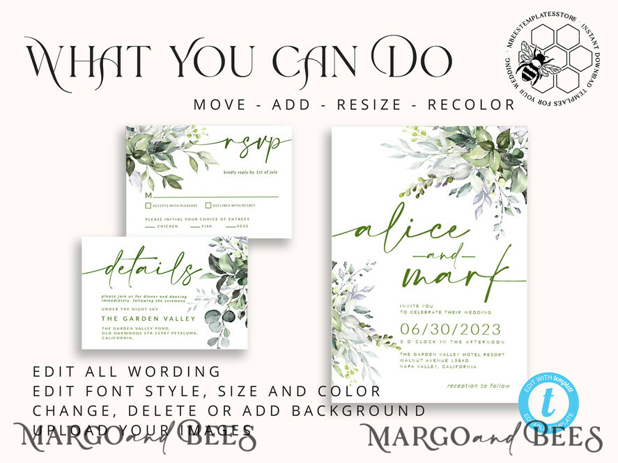 TEMPLETT wedding invitation download Sage Green wedding invitation template, Instant download Greenery Wedding Invites, Eucalyptus Garden Wedding Invitation Printable