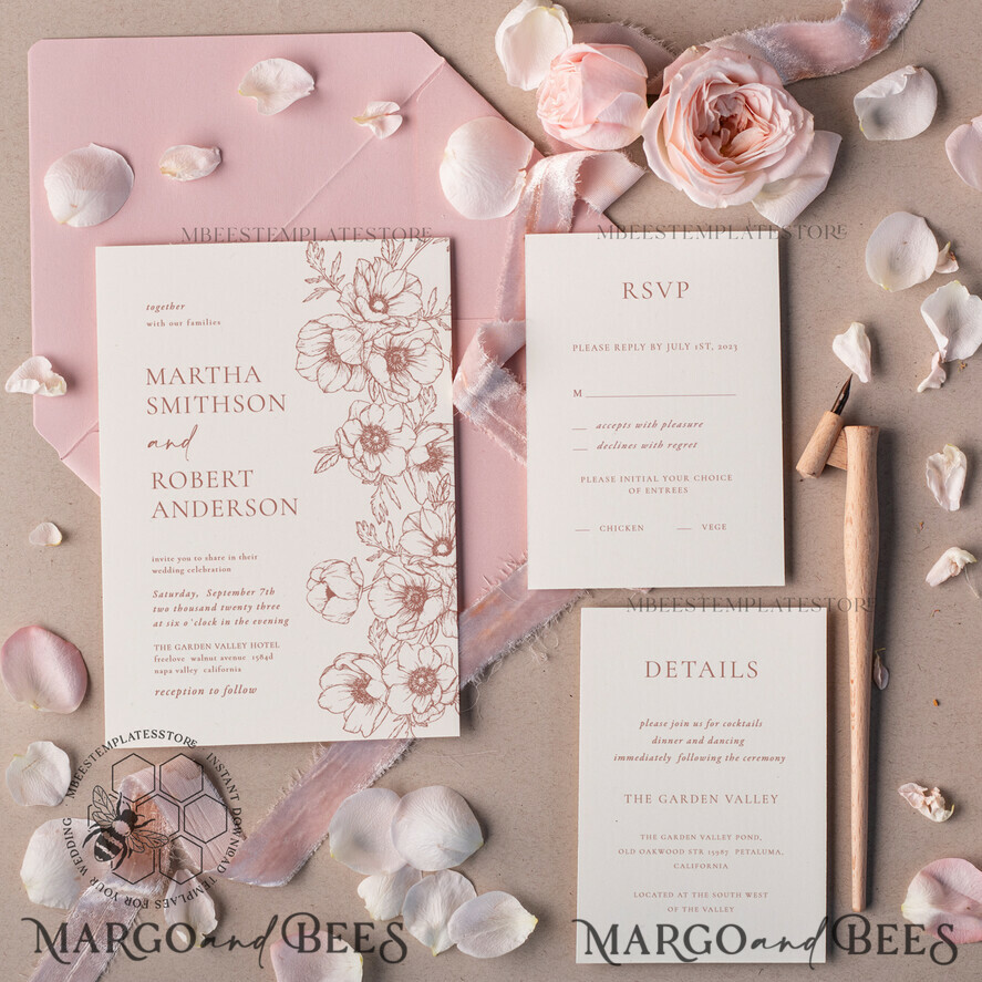 TEMPLETT wedding invitation download Elegant Blush wedding Invitation Template, Instant Download Printable Invites Home Printing, Pink Boho Wedding Invitation Card Set Template