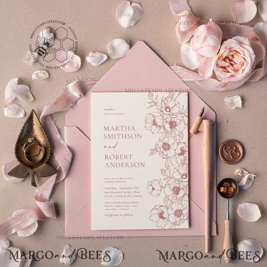 TEMPLETT wedding invitation download Elegant Blush wedding Invitation Template, Instant Download Printable Invites Home Printing, Pink Boho Wedding Invitation Card Set Template