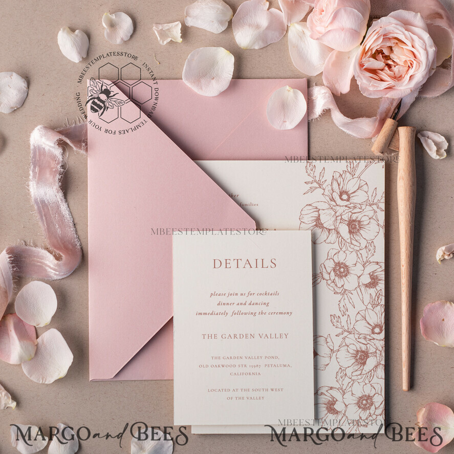 TEMPLETT wedding invitation download Elegant Blush wedding Invitation Template, Instant Download Printable Invites Home Printing, Pink Boho Wedding Invitation Card Set Template