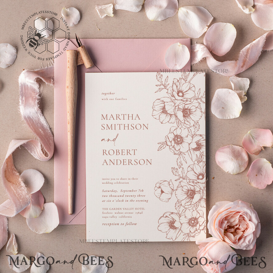 TEMPLETT wedding invitation download Elegant Blush wedding Invitation Template, Instant Download Printable Invites Home Printing, Pink Boho Wedding Invitation Card Set Template