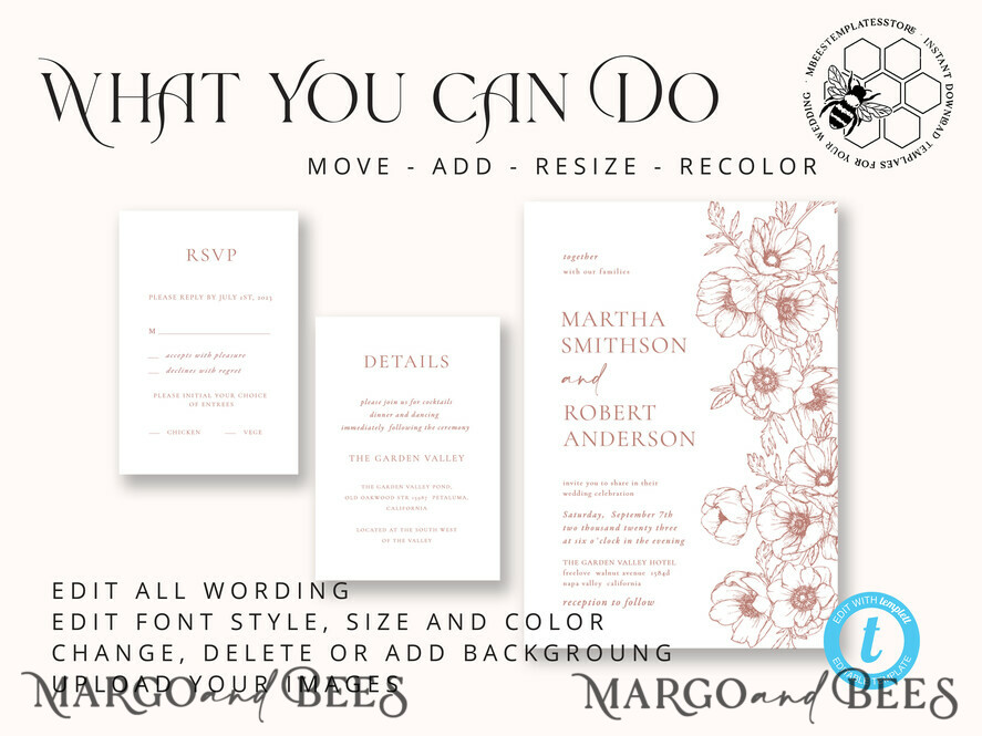 TEMPLETT wedding invitation download Elegant Blush wedding Invitation Template, Instant Download Printable Invites Home Printing, Pink Boho Wedding Invitation Card Set Template