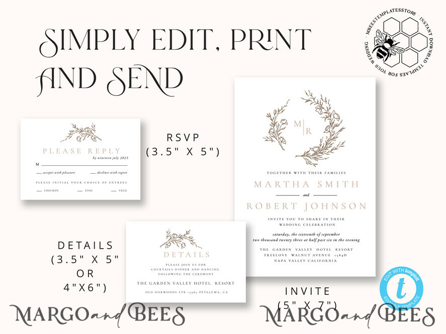 TEMPLETT wedding invitation download Modern wedding Invitation Template, Instant Download Printable Invites Home Printing, Simple Boho Wedding Invitation Card Set