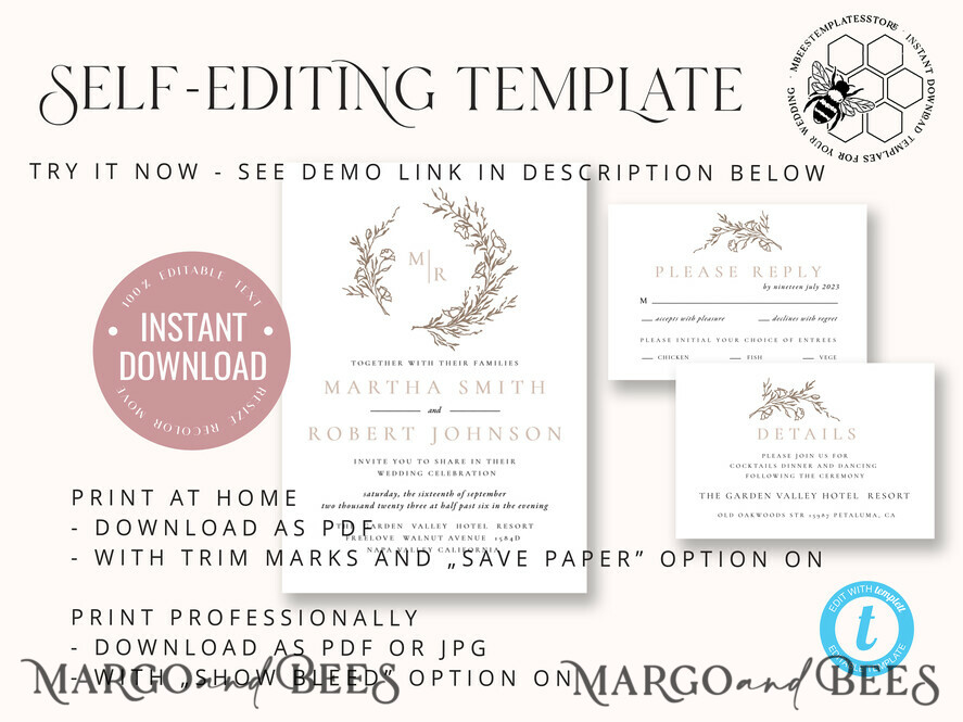 TEMPLETT wedding invitation download Modern wedding Invitation Template, Instant Download Printable Invites Home Printing, Simple Boho Wedding Invitation Card Set