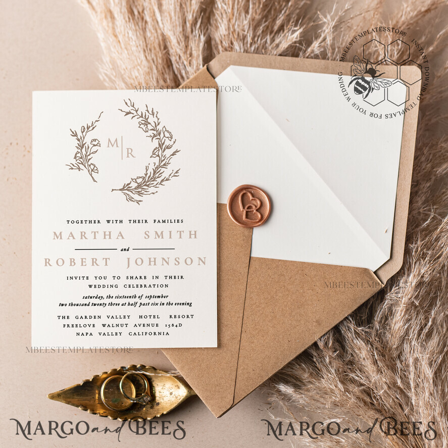 TEMPLETT wedding invitation download Modern wedding Invitation Template, Instant Download Printable Invites Home Printing, Simple Boho Wedding Invitation Card Set