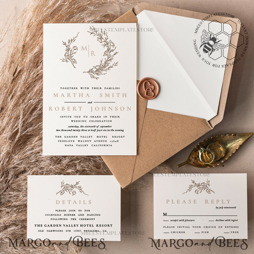 TEMPLETT wedding invitation download Modern wedding Invitation Template, Instant Download Printable Invites Home Printing, Simple Boho Wedding Invitation Card Set