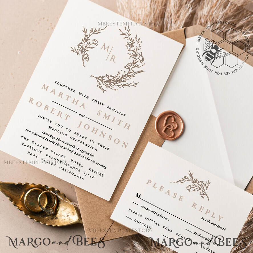 TEMPLETT wedding invitation download Modern wedding Invitation Template, Instant Download Printable Invites Home Printing, Simple Boho Wedding Invitation Card Set