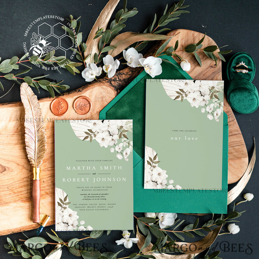 TEMPLETT wedding invitation download Sage Green wedding invitation template, Instant download Greenery Wedding Invites, Rustic Garden Wedding Invitations Set Printable