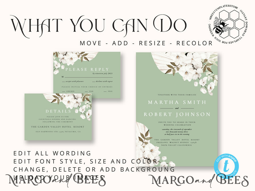 TEMPLETT wedding invitation download Sage Green wedding invitation template, Instant download Greenery Wedding Invites, Rustic Garden Wedding Invitations Set Printable