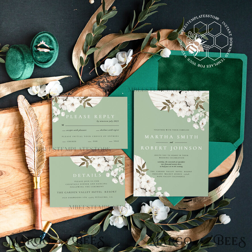 TEMPLETT wedding invitation download Sage Green wedding invitation template, Instant download Greenery Wedding Invites, Rustic Garden Wedding Invitations Set Printable