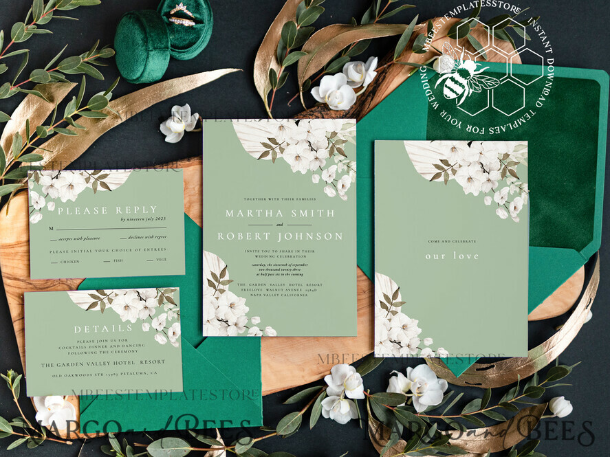 TEMPLETT wedding invitation download Sage Green wedding invitation template, Instant download Greenery Wedding Invites, Rustic Garden Wedding Invitations Set Printable