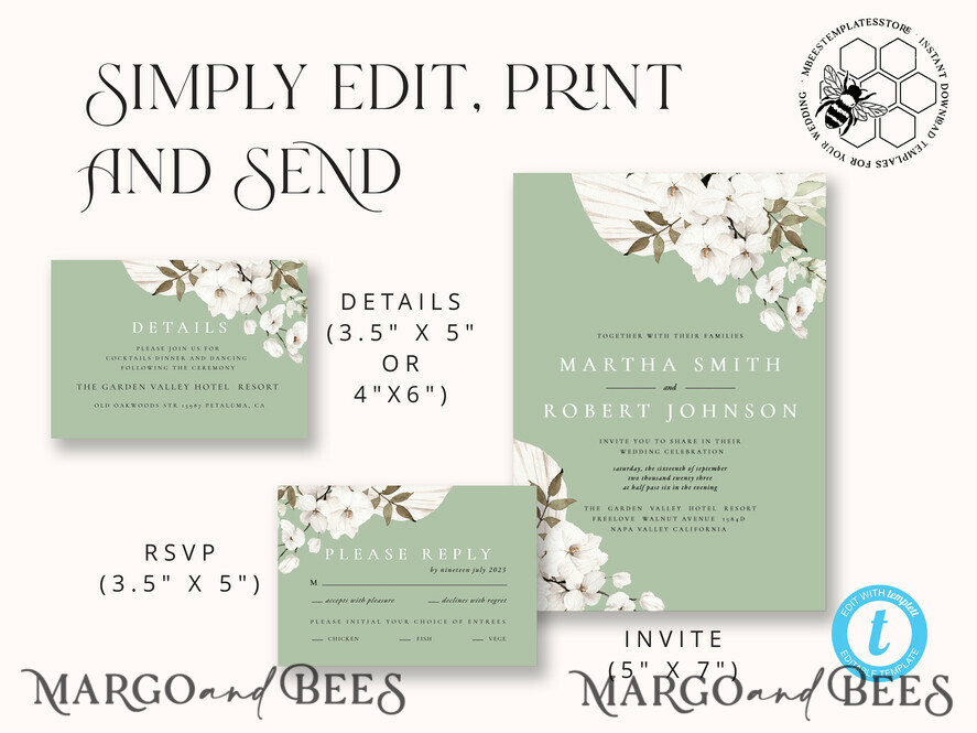 TEMPLETT wedding invitation download Sage Green wedding invitation template, Instant download Greenery Wedding Invites, Rustic Garden Wedding Invitations Set Printable