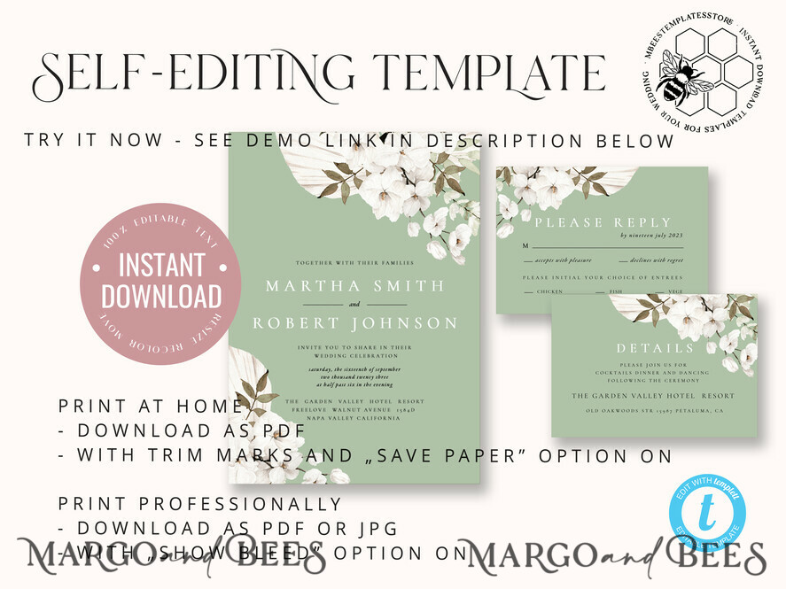 TEMPLETT wedding invitation download Sage Green wedding invitation template, Instant download Greenery Wedding Invites, Rustic Garden Wedding Invitations Set Printable