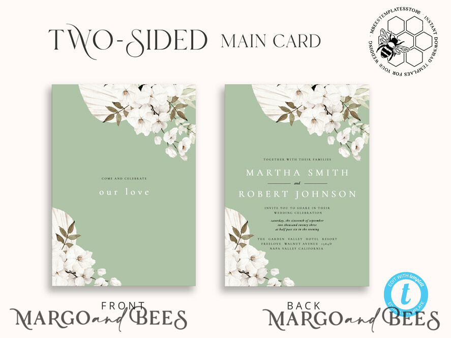 TEMPLETT wedding invitation download Sage Green wedding invitation template, Instant download Greenery Wedding Invites, Rustic Garden Wedding Invitations Set Printable