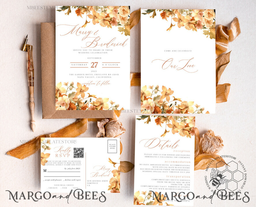 TEMPLETT wedding invitation download Terracotta Fall Flowers wedding Invitations Set Template, Instant Download Printable Invites Home Printing, Simple Wedding Cards