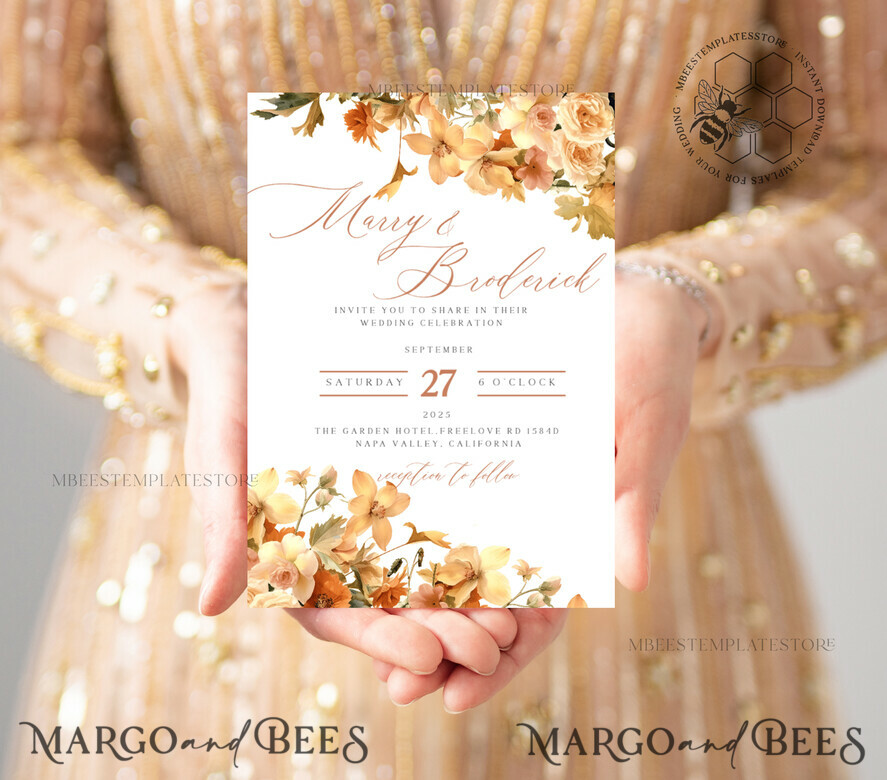 TEMPLETT wedding invitation download Terracotta Fall Flowers wedding Invitations Set Template, Instant Download Printable Invites Home Printing, Simple Wedding Cards