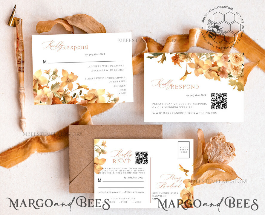 TEMPLETT wedding invitation download Terracotta Fall Flowers wedding Invitations Set Template, Instant Download Printable Invites Home Printing, Simple Wedding Cards