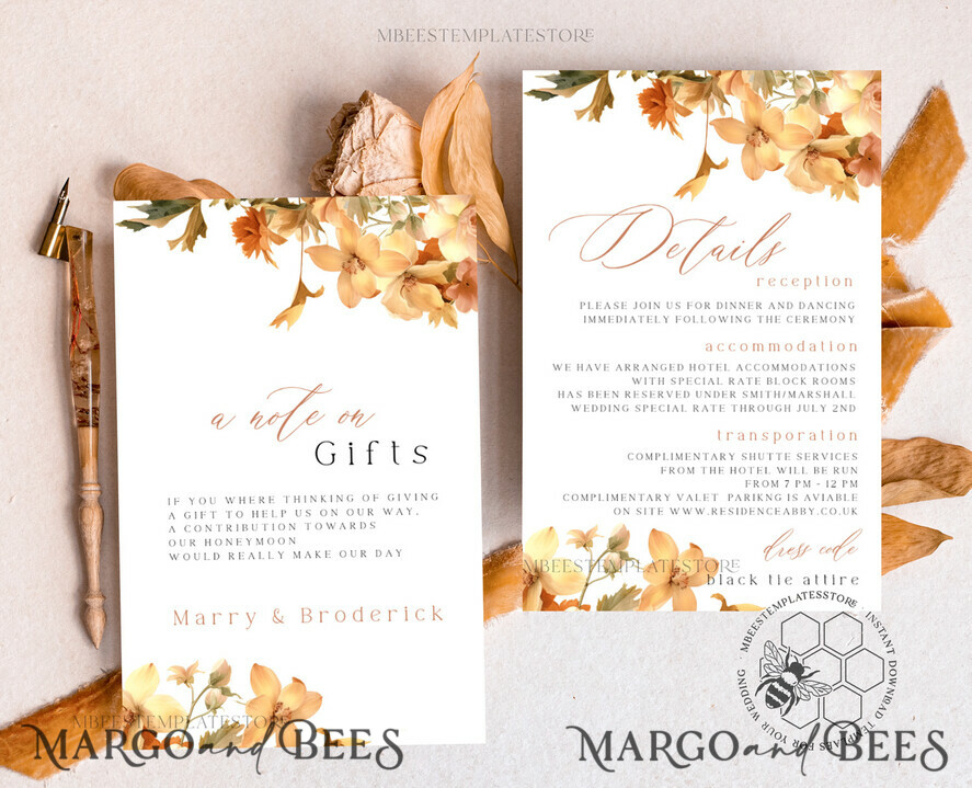 TEMPLETT wedding invitation download Terracotta Fall Flowers wedding Invitations Set Template, Instant Download Printable Invites Home Printing, Simple Wedding Cards