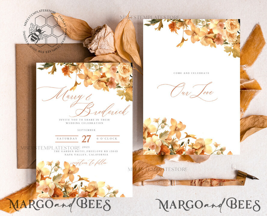 TEMPLETT wedding invitation download Terracotta Fall Flowers wedding Invitations Set Template, Instant Download Printable Invites Home Printing, Simple Wedding Cards