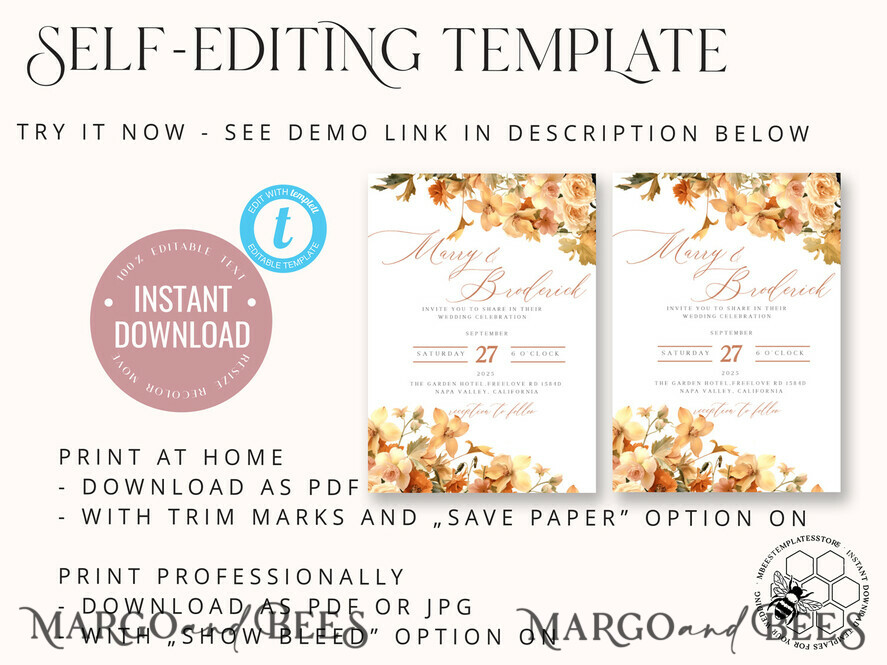 TEMPLETT wedding invitation download Terracotta Fall Flowers wedding Invitations Set Template, Instant Download Printable Invites Home Printing, Simple Wedding Cards